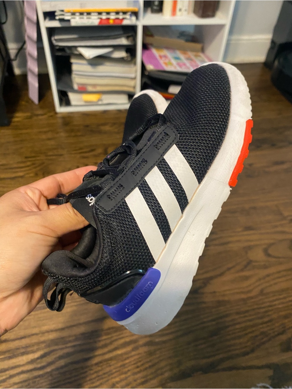 adidas Kids Black Sneakers with White Stripes and Purple & Red Accents